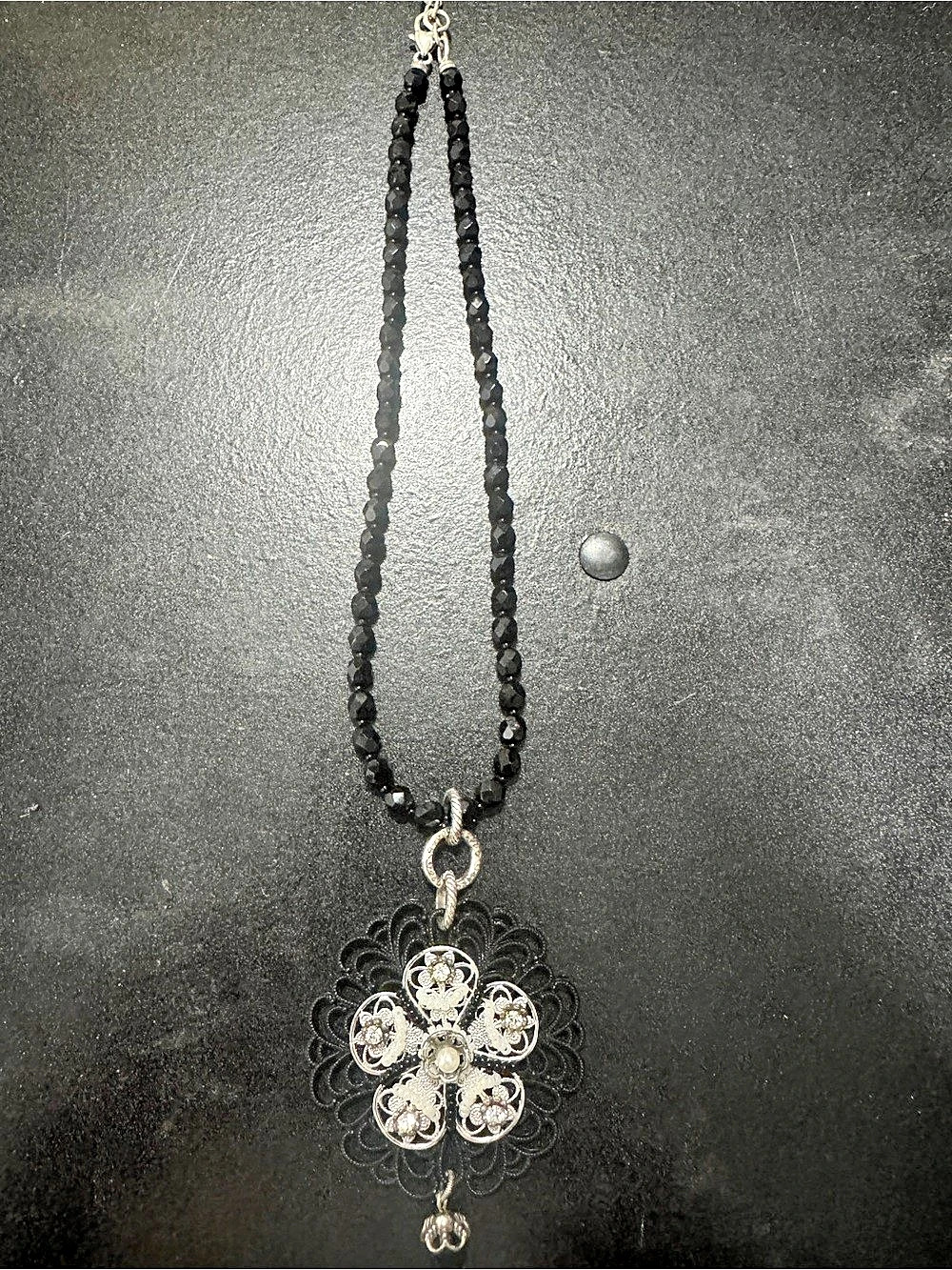 Brighton Black Beaded Reversible Floral Statement Pendant Necklace